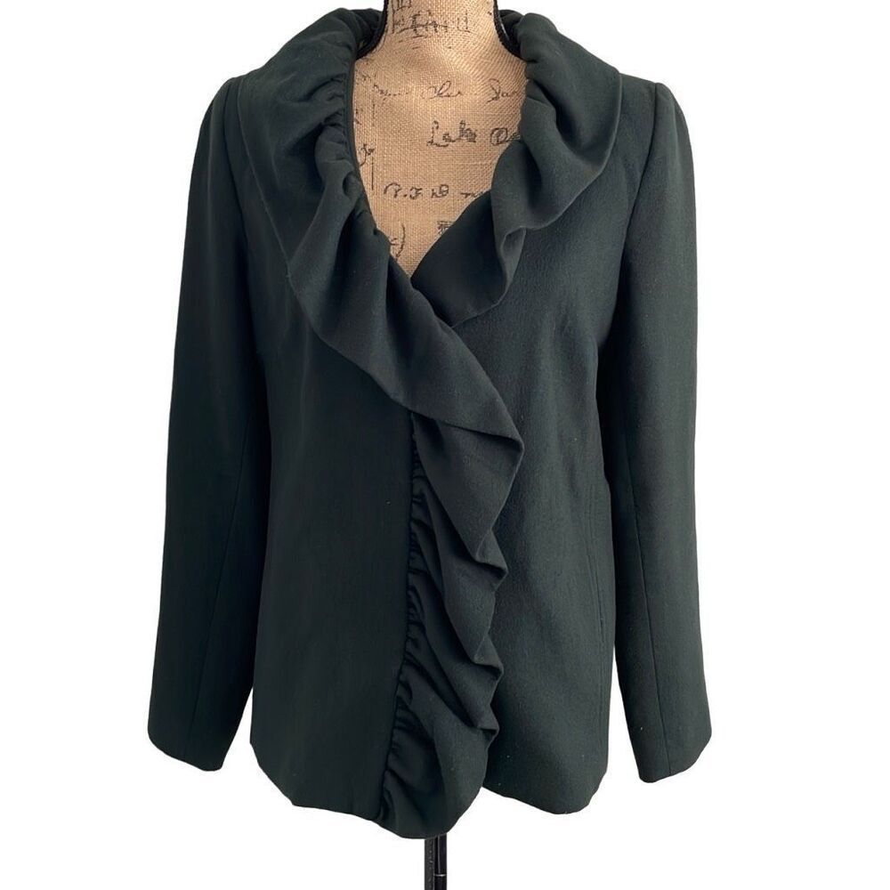 EUC Milly of New York Forest Green Wool Blend Ruffle Collar Trim Coat - Size 10